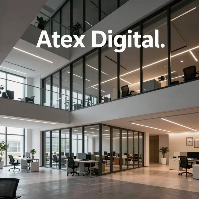An abstract architectural shot of a modern digital office space representing the innovation of Atex Digital.