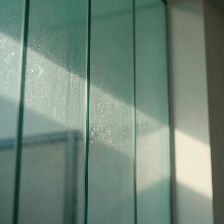 An abstract photography shot of light refracting through glass, incorporating seafoam green and soft off-white colors to represent modern technological innovation.