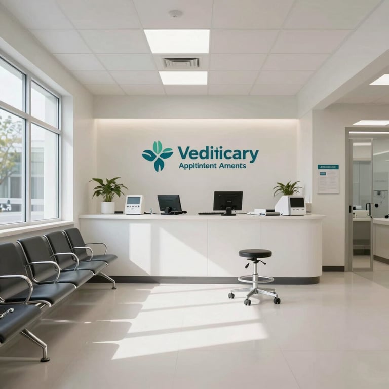 A bright and modern veterinary clinic waiting room in North America / US, featuring clean lines and a professional atmosphere, suggesting an efficient appointment management system.
