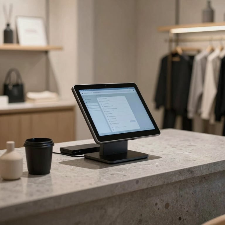 A professional retail checkout area in a North American / US boutique, showing a sleek tablet-based POS system on a slate grey counter with minimalist decor.