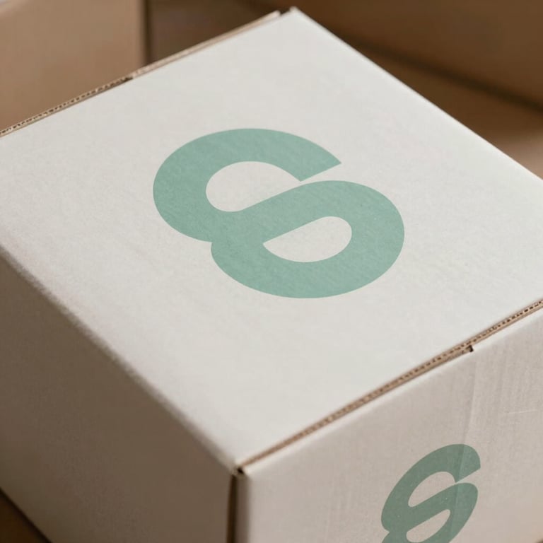 A stylish close-up of retail shipping boxes with a minimalist seafoam green logo on a soft off-white background, representing a modern e-commerce drop shipping business model.