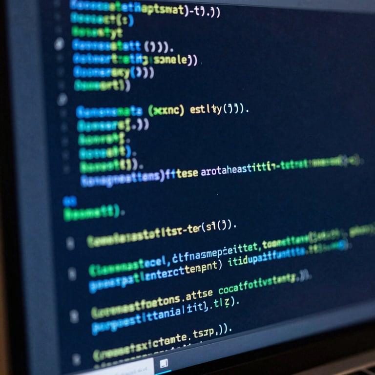 A detailed macro shot of a computer screen showing code syntax in various shades of blue and green, set against a dark navy blue background in a professional workspace.