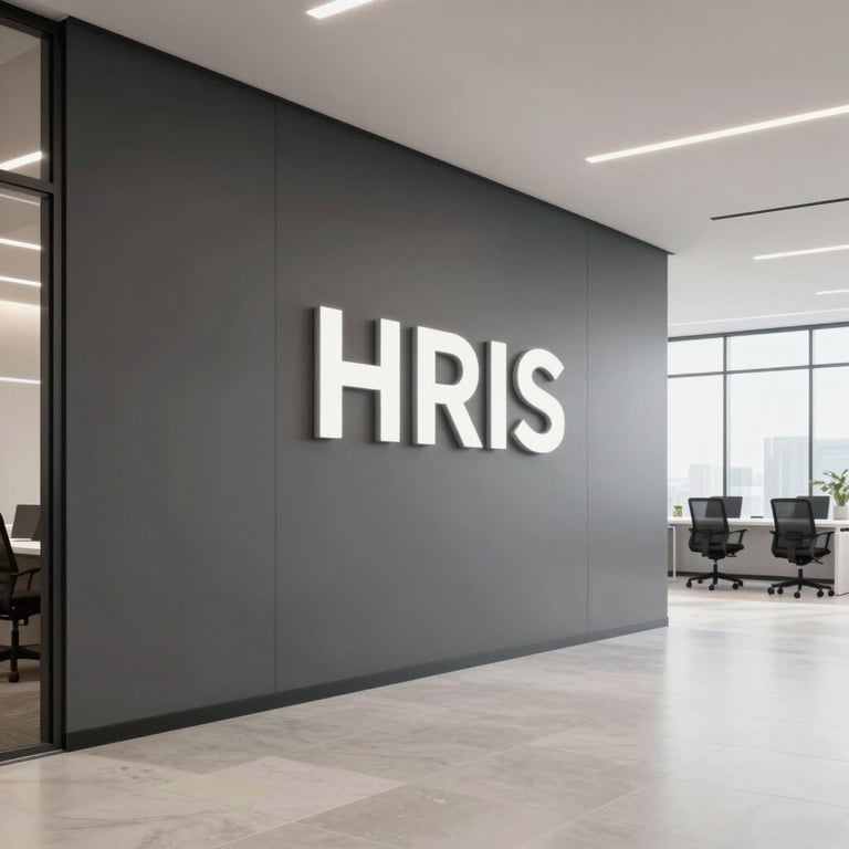 A wide shot of a clean, modern corporate office interior in North America / US, reflecting a professional environment suitable for an HRIS platform, featuring dark slate grey and soft off-white tones.