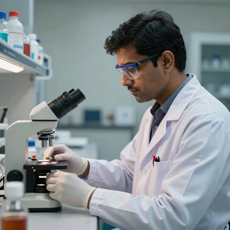 A scientist in a sterile pharmaceutical lab environment in India, representing pharma and life sciences staffing expertise.