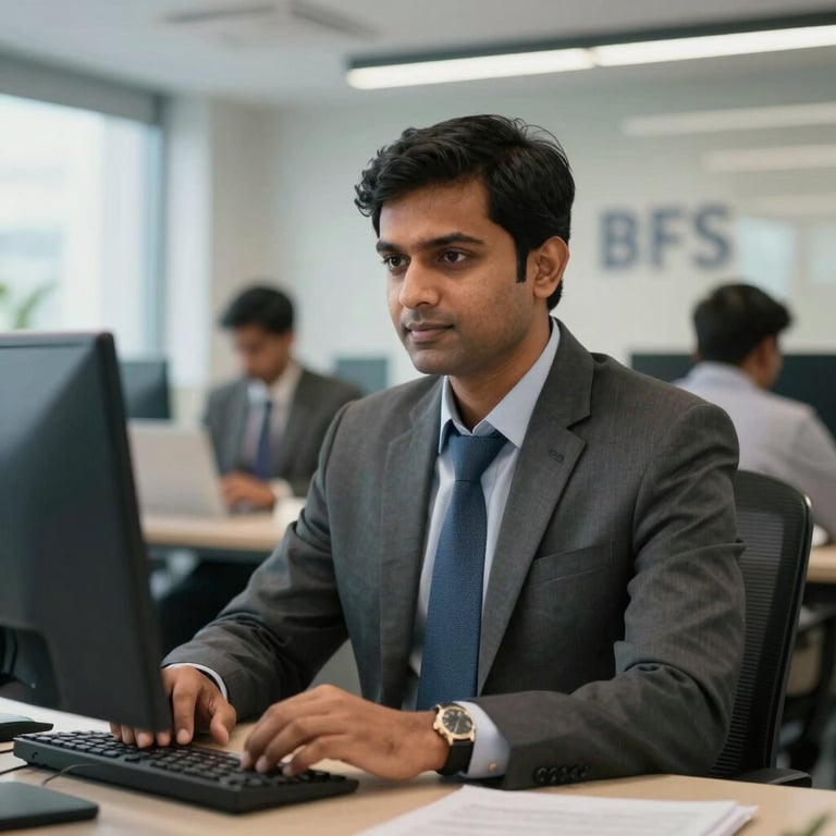 A South Asian / Indian bank professional in a modern office, representing BFSI sector staffing with professional attire and clean lighting.