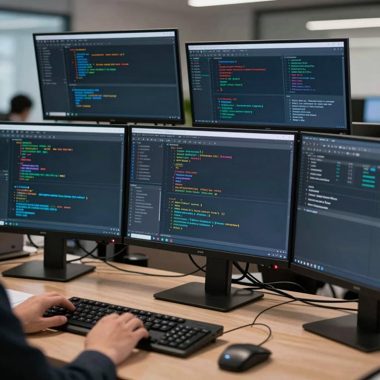A high-end IT workspace with multiple monitors showing complex code and digital transformation interfaces.