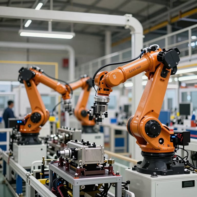 A modern automotive manufacturing plant with a focus on robotic assembly lines and advanced transportation technology.