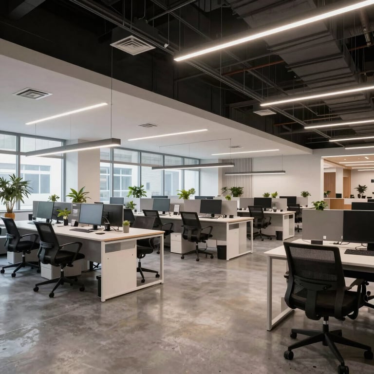 A bright, open-plan technology hub in North America with high ceilings and sophisticated, modern decor.