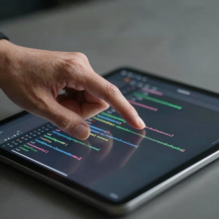 Professional hand touching a digital tablet showing clean, minimalist lines of code and data.
