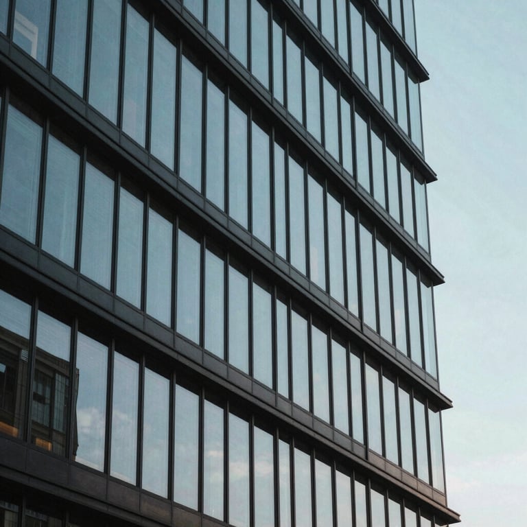 Abstract architectural shot of a modern steel and glass building reflecting a muted blue sky.