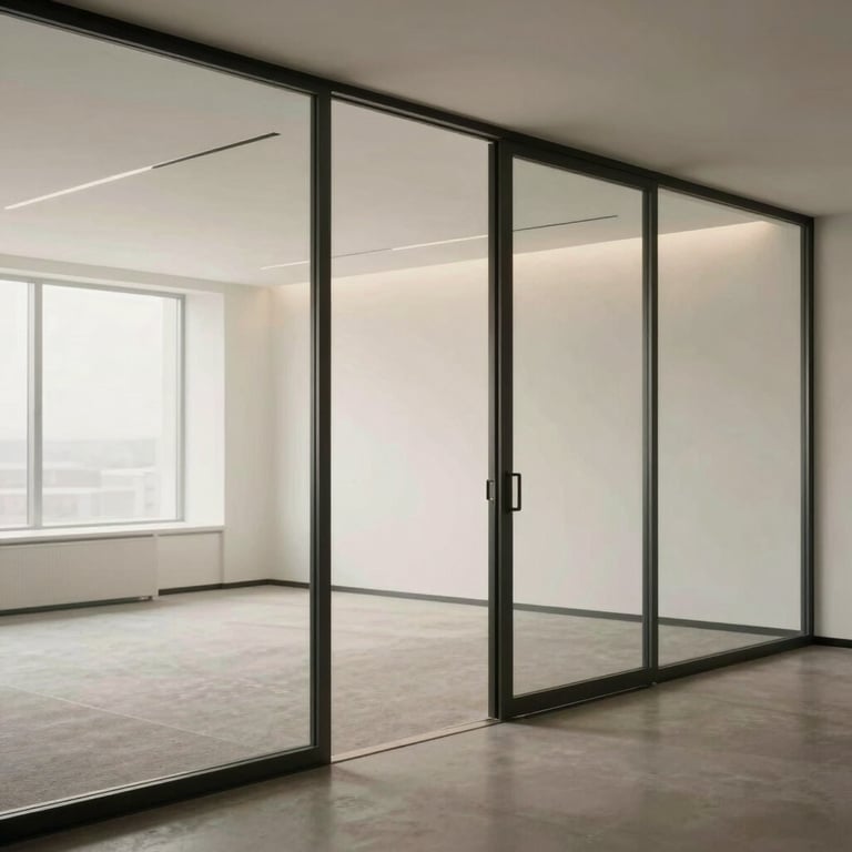 A minimalist North American office with glass partitions and soft off-white lighting.