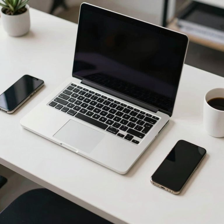 An overhead view of a clean workspace featuring a laptop, smartphone, and a coffee cup in a US design studio.
