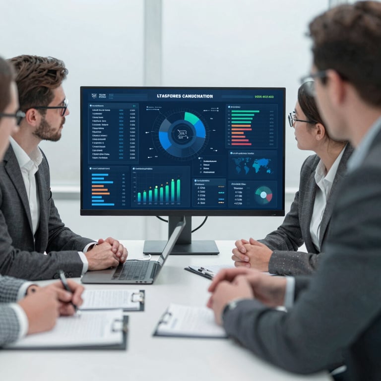 A diverse team collaborating around a large digital data dashboard in a modern office.