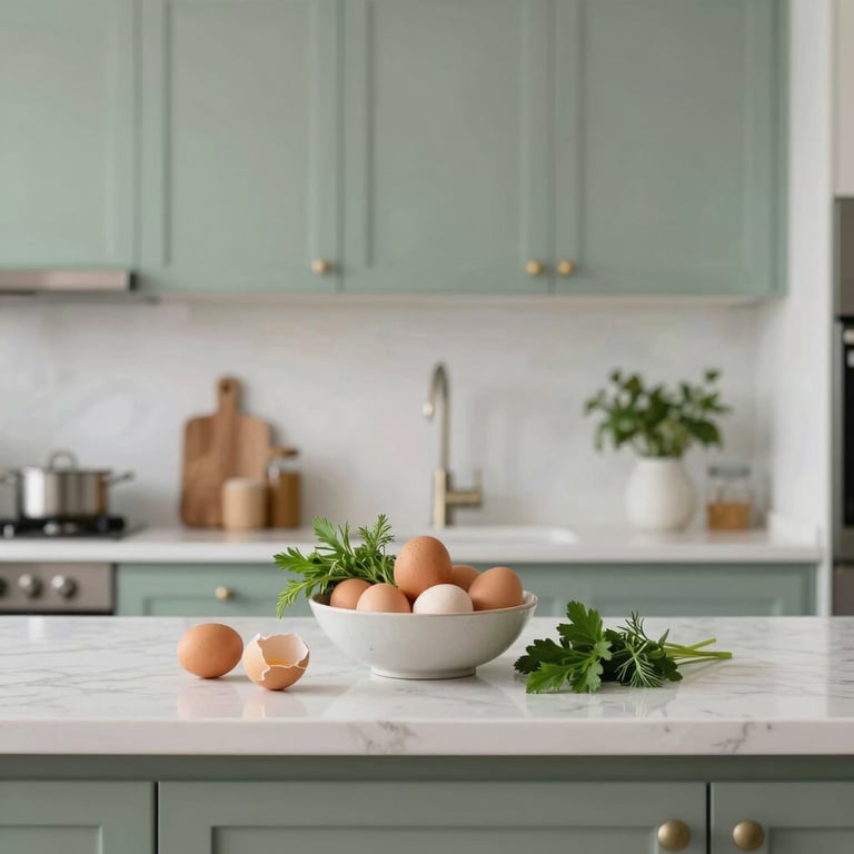 Interior of a sophisticated modern kitchen featuring a bowl of farm-fresh eggs and seasonal herbs, clean lines, sage green accents, North American / International.