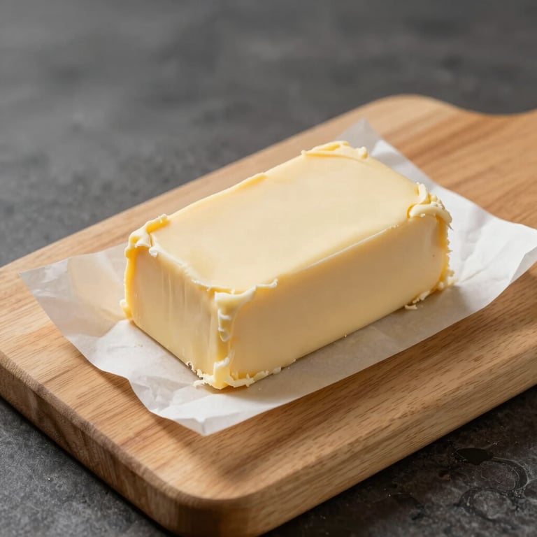 A block of handmade artisanal butter wrapped in parchment paper on a light tan wooden board, elegant and clean composition, North American / International.