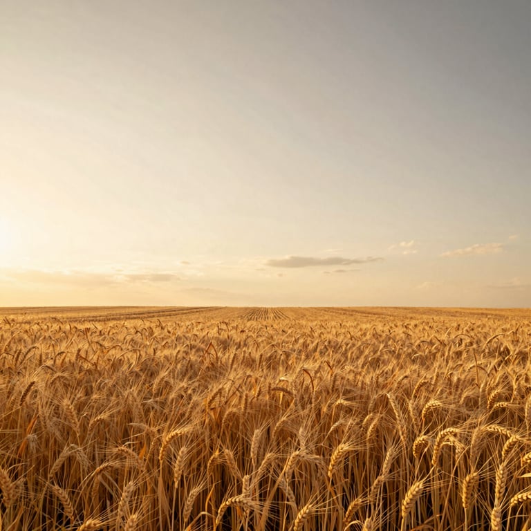 A wide angle shot of a golden wheat field during sunset, the sky a mix of soft gold and cream, North American / International.