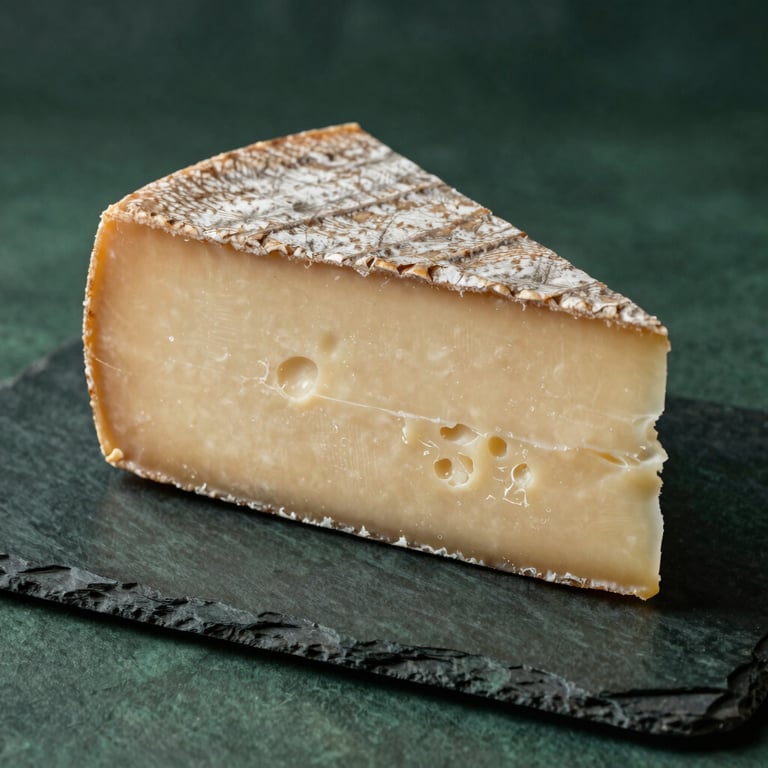 Detailed texture of a wedge of artisanal hard cheese with a natural rind, placed on a dark forest green slate, North American / International.