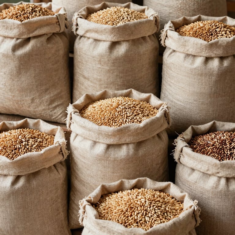 A stack of hand-woven linen sacks filled with heritage grains, refined rustic texture, light tan and cream palette, North American / International.