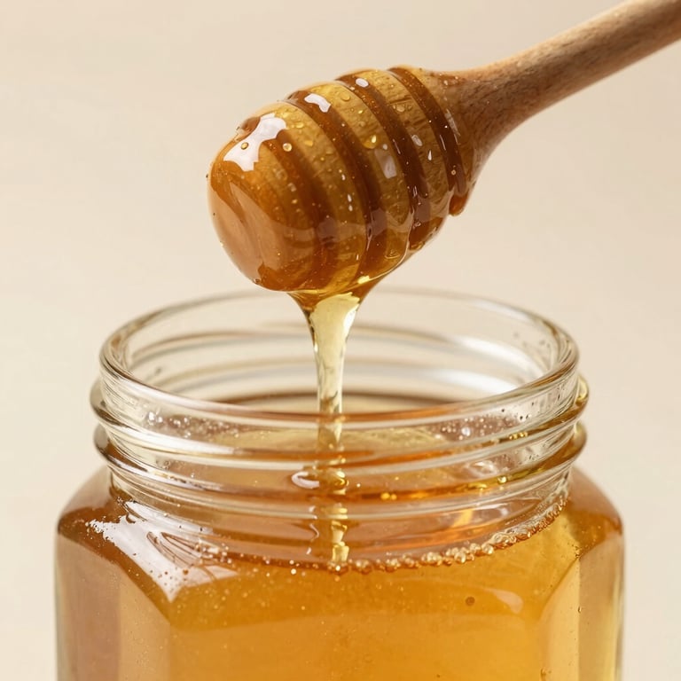 Close-up of golden liquid honey dripping from a wooden dipper into a crystal jar, soft gold and light tan tones, North American / International.