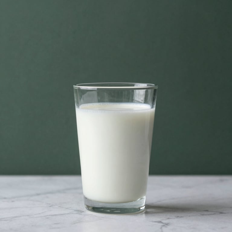 High-end minimalist still life of a glass of chilled fresh milk on a white marble surface, dark sage green background, North American / International.