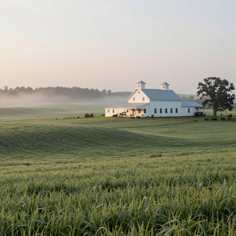 Wide shot of rolling sage green pastures under a soft morning mist with a clean white farmhouse, North American / International.