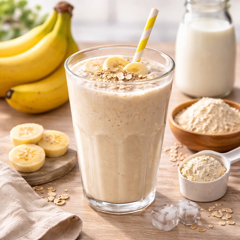 Batido de proteína con plátano preparado con leche y proteína en polvo, desayuno alto en proteína se