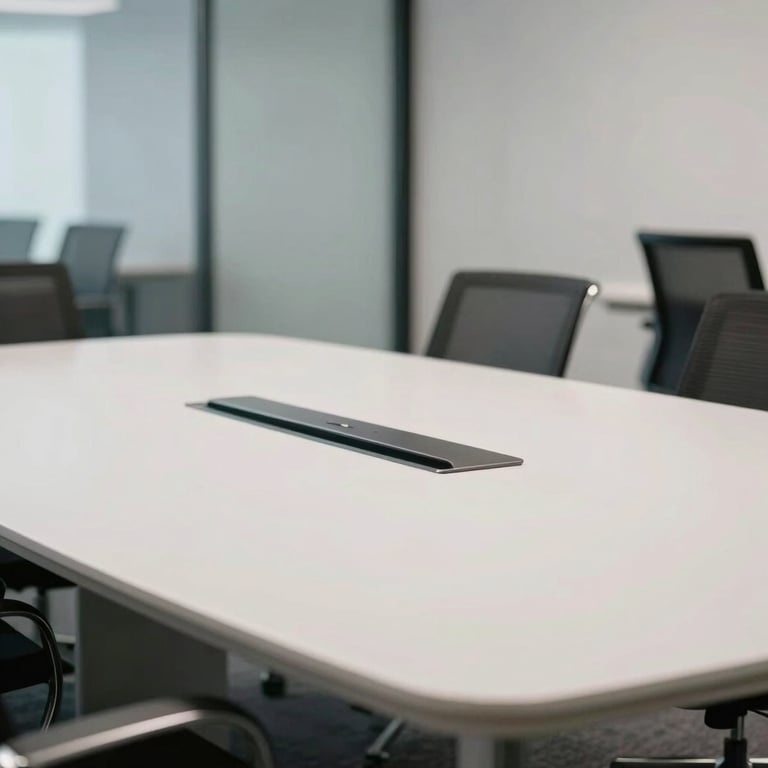A focused professional setting in a North American office showing a clean conference room with soft white furniture.
