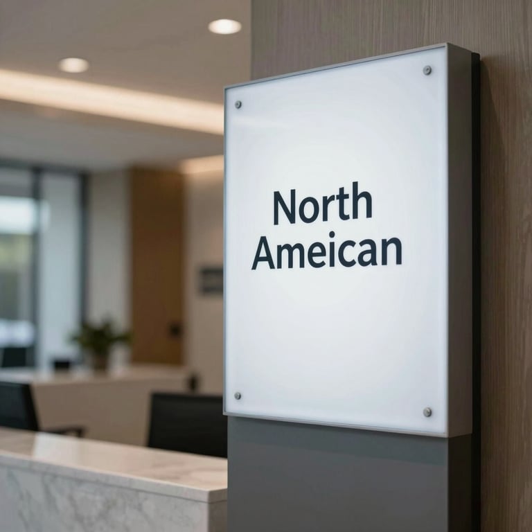 A blurred corporate lobby background with a sharp focus on a modern reception sign in a North American commercial building.