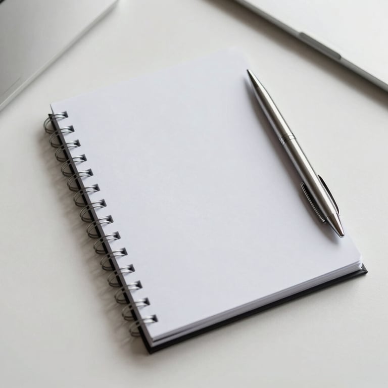 An overhead shot of a minimalist workstation with a notepad and silver pen, reflecting a clean business aesthetic.