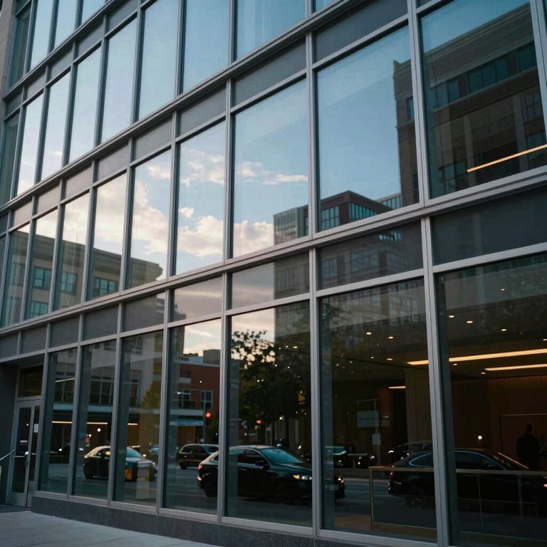 A stylish North American urban exterior during the day with glass windows reflecting the blue sky and professional surroundings.
