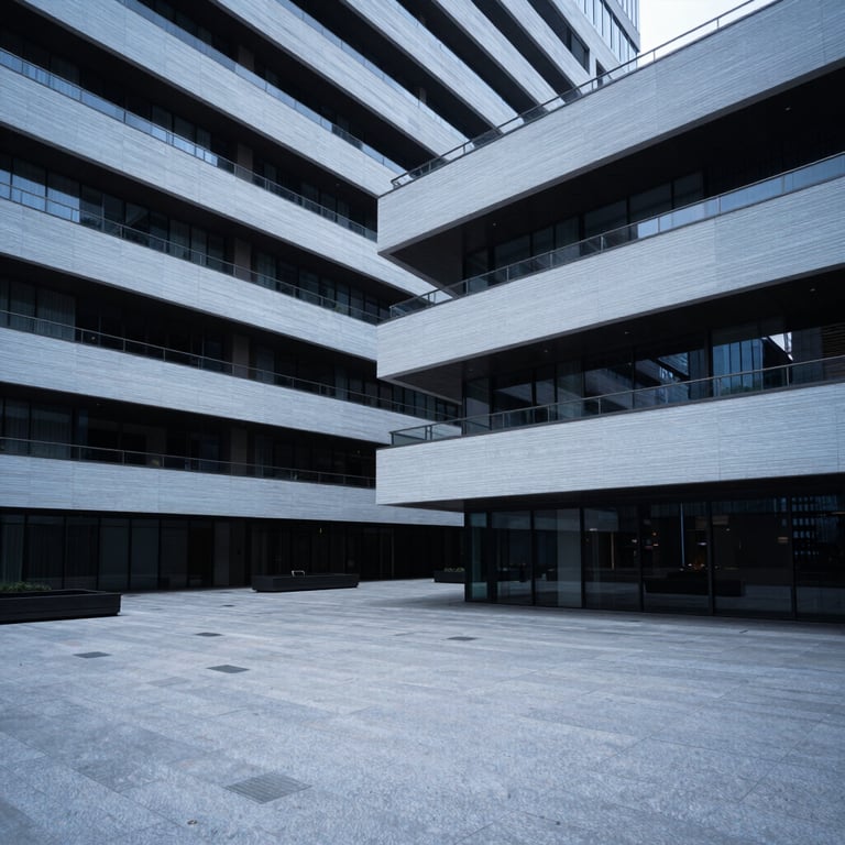 A wide shot of a contemporary urban plaza in the United States with architectural lines in pale blue gray and deep charcoal.
