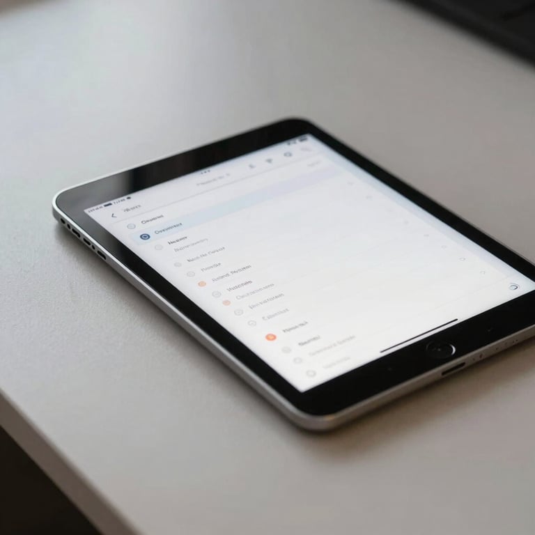 A close-up of a high-end tablet displaying a clean, professional user interface on a minimalist desk.