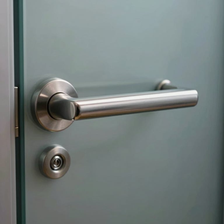 Close-up of a custom-made stainless steel door handle on a thick tempered glass door, professional and sharp focus.