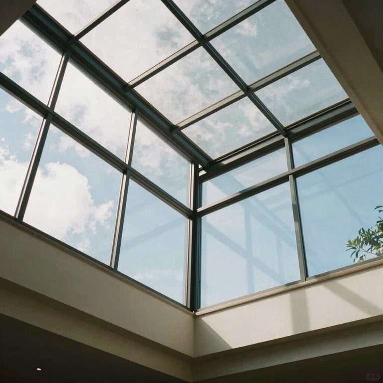 Interior view of a modern sunroom with structural glass and steel, bright and airy South American / Brazilian setting.