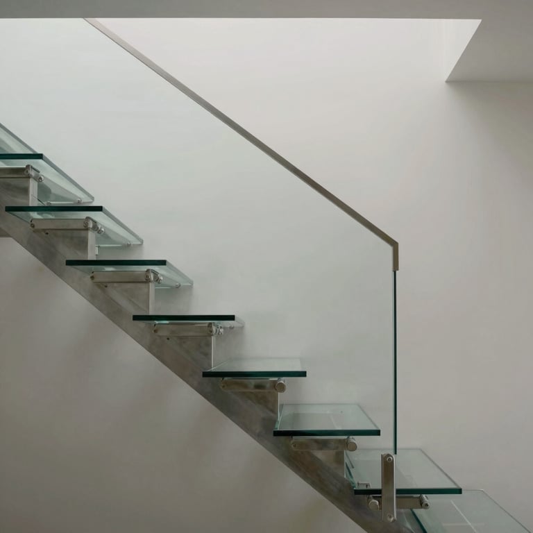 Minimalist glass staircase with stainless steel fixings in a modern South American / Brazilian interior, Pearl Grey tones.