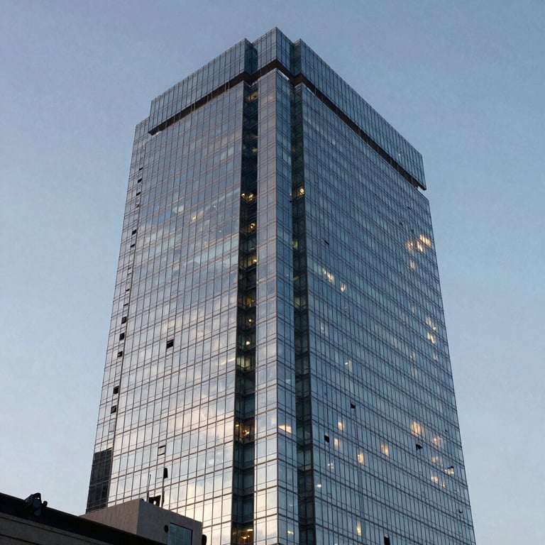 External glass balcony of a South American / Brazilian skyscraper at twilight, reflecting Soft Silver Blue hues.