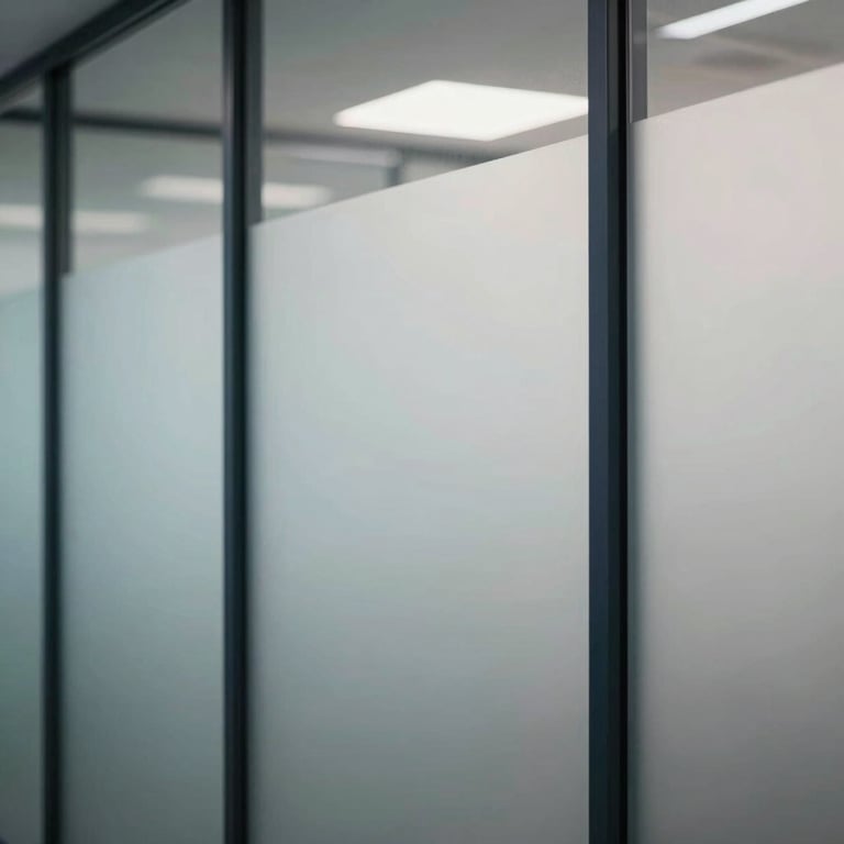 A detail shot of a frosted glass partition with minimalist Dark Slate Blue frames in a professional corporate environment.