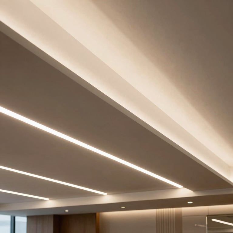 A sophisticated suspended ceiling installation in a luxury Brazilian office, featuring integrated lighting and clean lines.