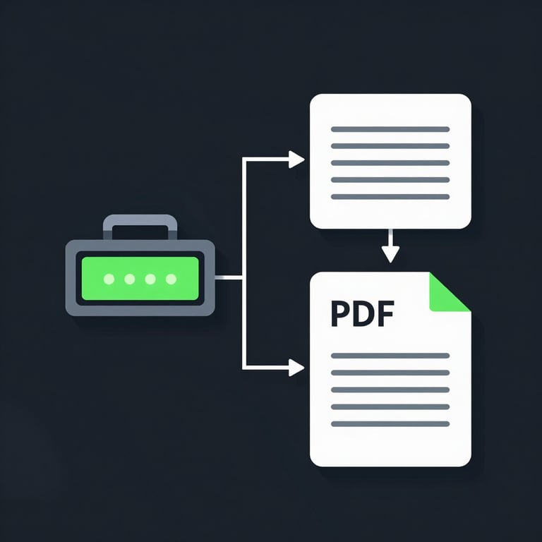 Crisp technical vector illustration of a server pipeline diagram showing text input converting to PDF output, neon green accents, dark background.