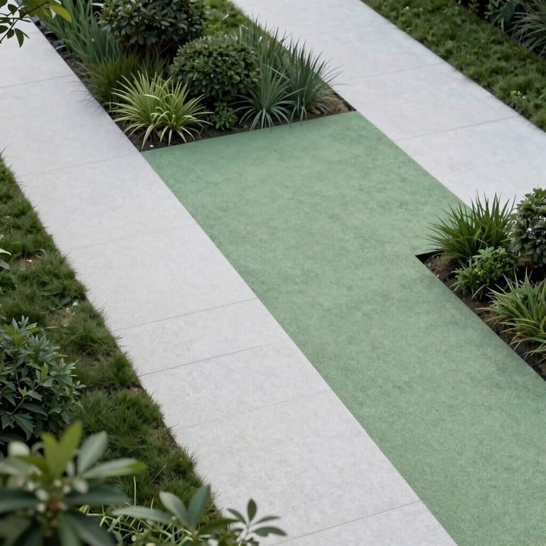 An overhead view of a modern contemporary garden design with geometric lines and a mix of soft white and pale green textures.