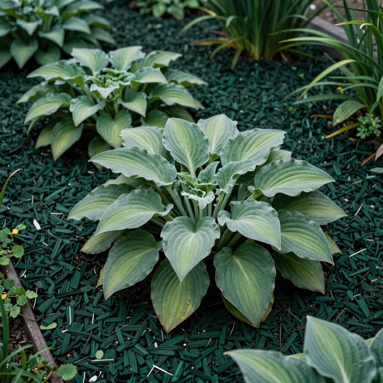 A detailed shot of a perfectly edged garden bed with deep hunter green mulch and vibrant sage hostas in a US backyard.