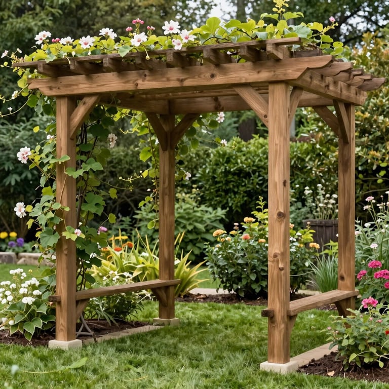 A close-up of a high-quality wooden pergola in a lush North American backyard, surrounded by flowering vines and manicured turf.