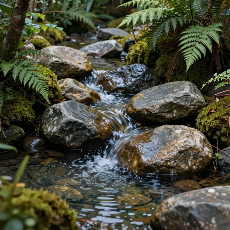A designer water feature with smooth river rocks and clear water, nestled among forest green ferns and moss in a serene setting.