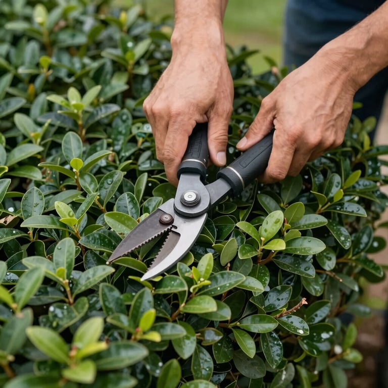 Professional landscaper hands pruning a hedge with precision, focusing on the craftsmanship and healthy deep green leaves.
