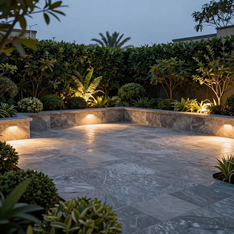 A stylish stone patio surrounded by ornamental shrubs and sophisticated landscape lighting at dusk, showing reliability and elegance.