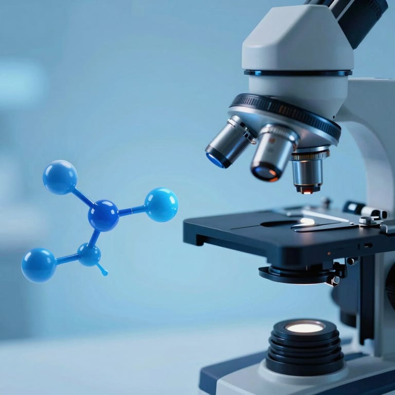 A microscope view of chemical structures, artistically tinted in soft sky blue and deep navy blue tones.