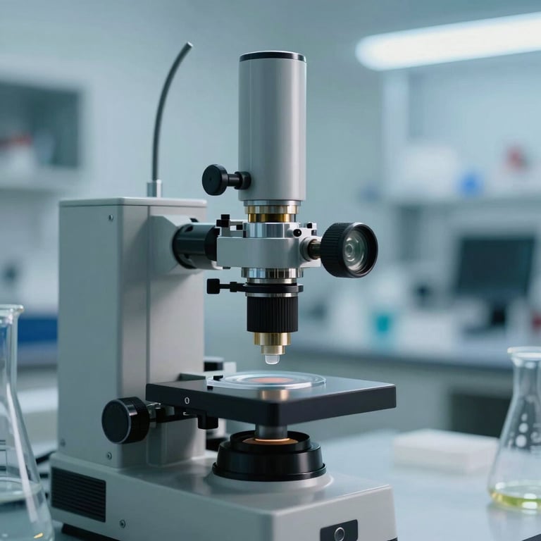 Close up of precision chemical testing in a modern Middle Eastern / Turkish lab with soft sky blue lighting.