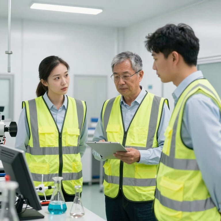 A team of chemical engineers in high-visibility vests discussing a process in a bright sterile white facility.