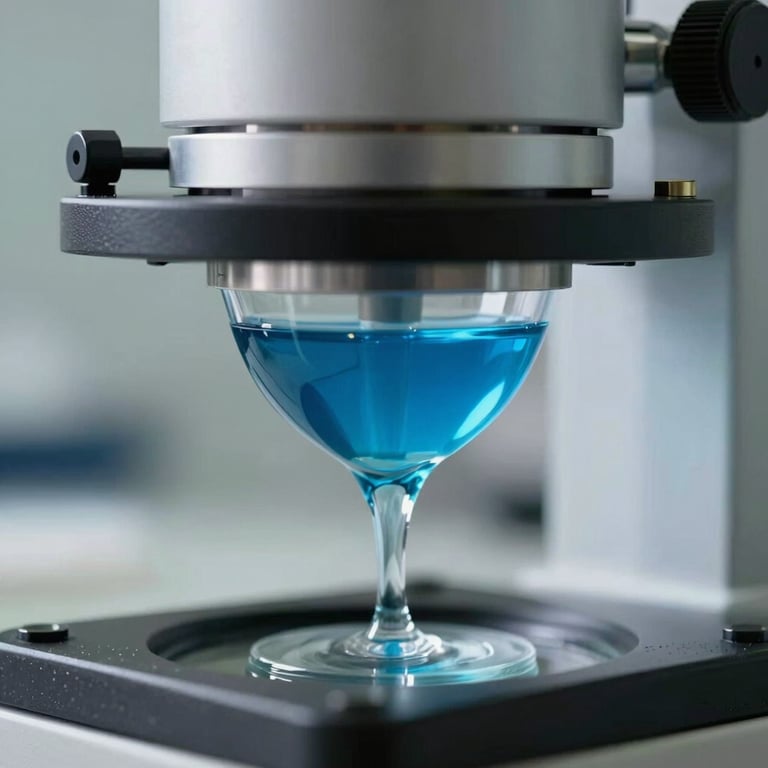 Detailed macro shot of an ocean blue liquid being filtered through professional laboratory equipment.