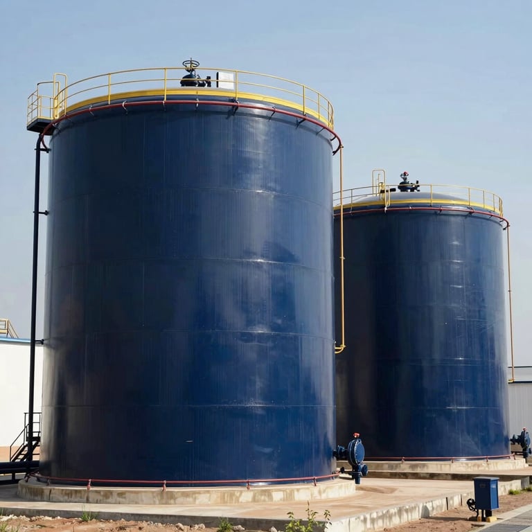 Large industrial storage tanks in deep navy blue at a chemical plant in a Middle Eastern / Turkish setting.